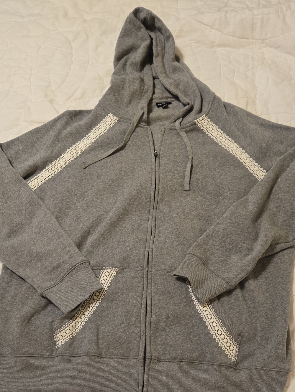 torrid Gray Zip-Up Hooded Sweater with White Lace Accents